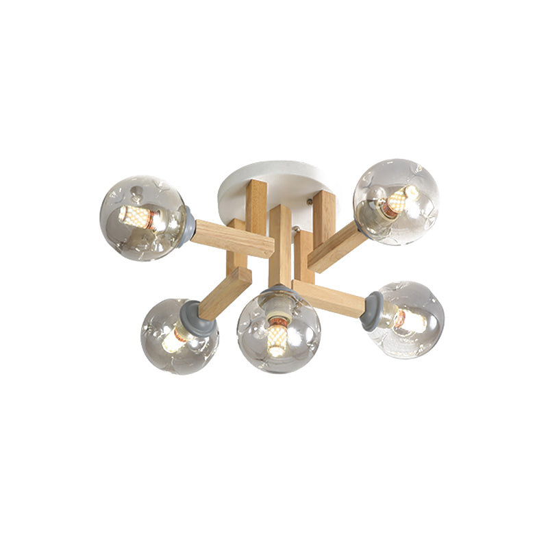Modernisme Globe Semi-inbouwlamp Rookgrijs Glas 5/7 lampen Slaapkamer Plafondgemonteerde lamp met gebogen houten arm