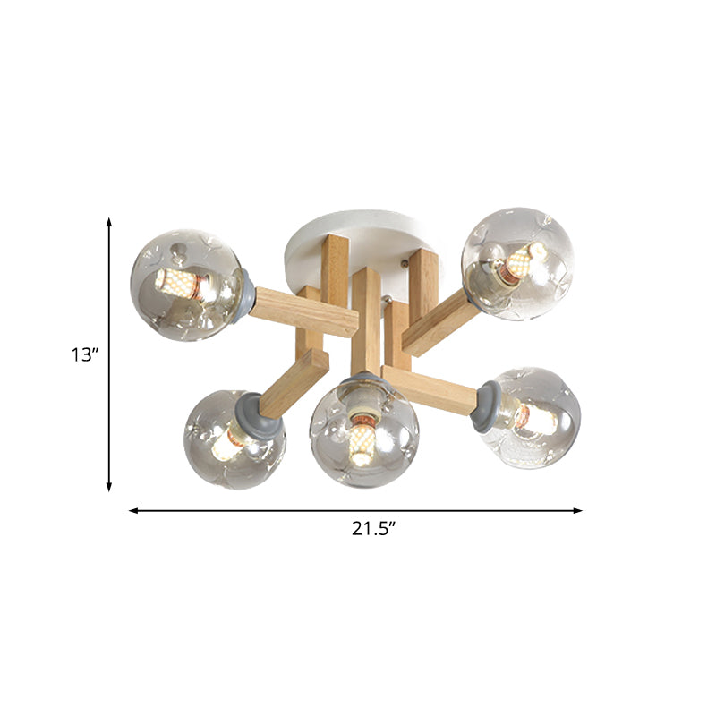 Modernisme Globe Semi-inbouwlamp Rookgrijs Glas 5/7 lampen Slaapkamer Plafondgemonteerde lamp met gebogen houten arm