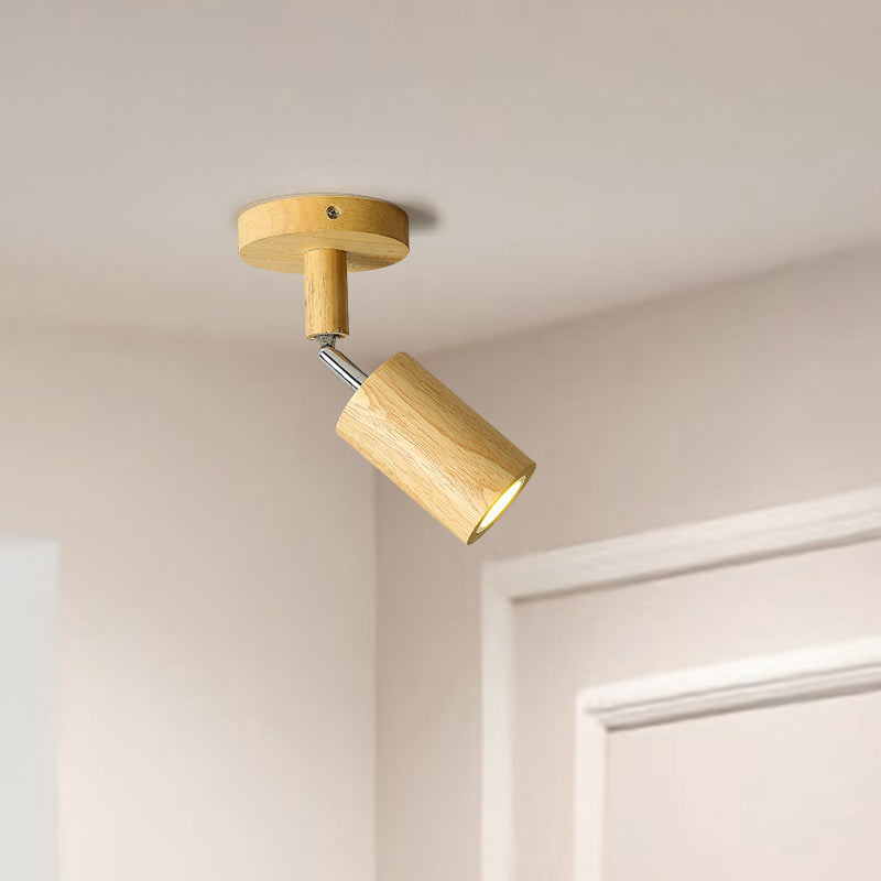 Modern Wood Flush Mount Cylinder Shape Ceiling Light with Glass Shade for Living Room