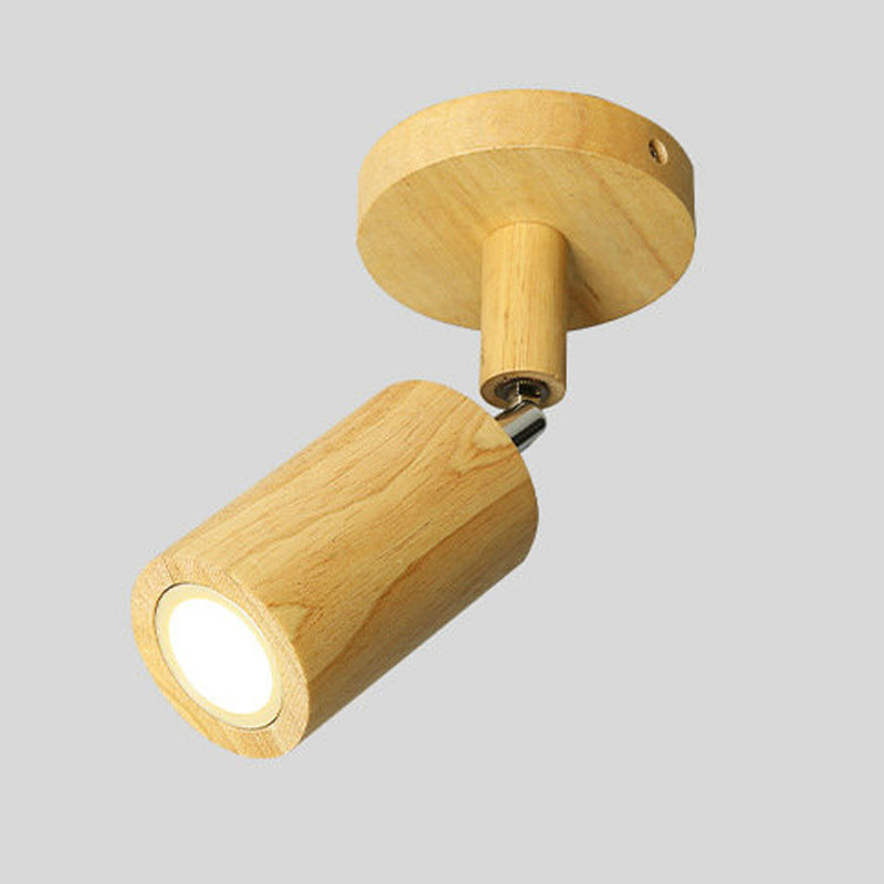 Modern Wood Flush Mount Cylinder Shape Ceiling Light with Glass Shade for Living Room