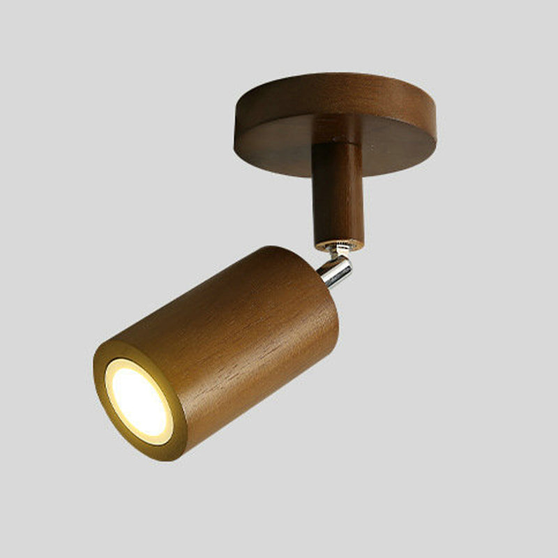 Modern Wood Flush Mount Cylinder Shape Ceiling Light with Glass Shade for Living Room