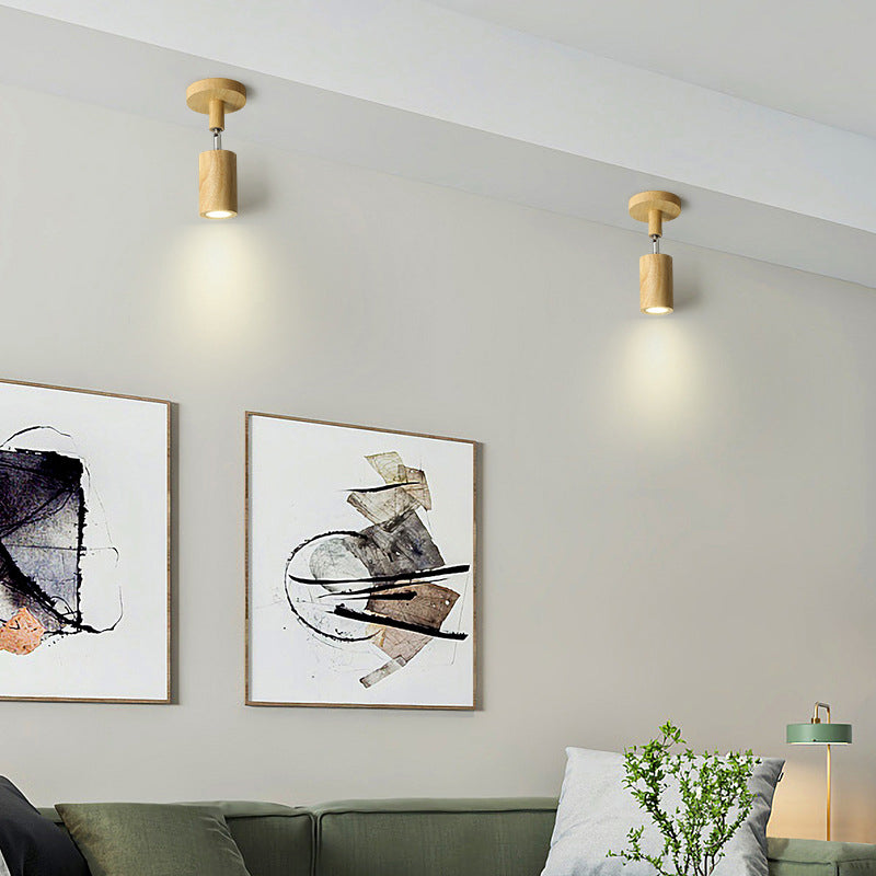 Modern Wood Flush Mount Cylinder Shape Ceiling Light with Glass Shade for Living Room