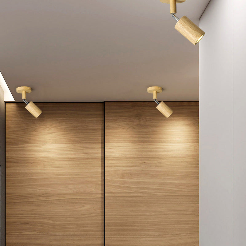 Modern Wood Flush Mount Cylinder Shape Ceiling Light with Glass Shade for Living Room