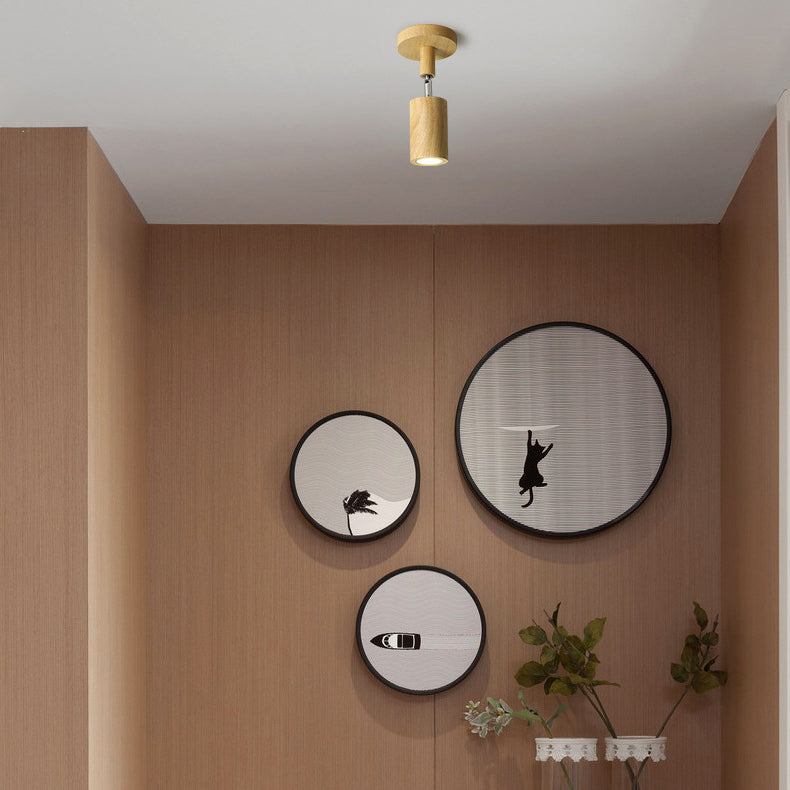 Modern Wood Flush Mount Cylinder Shape Ceiling Light with Glass Shade for Living Room