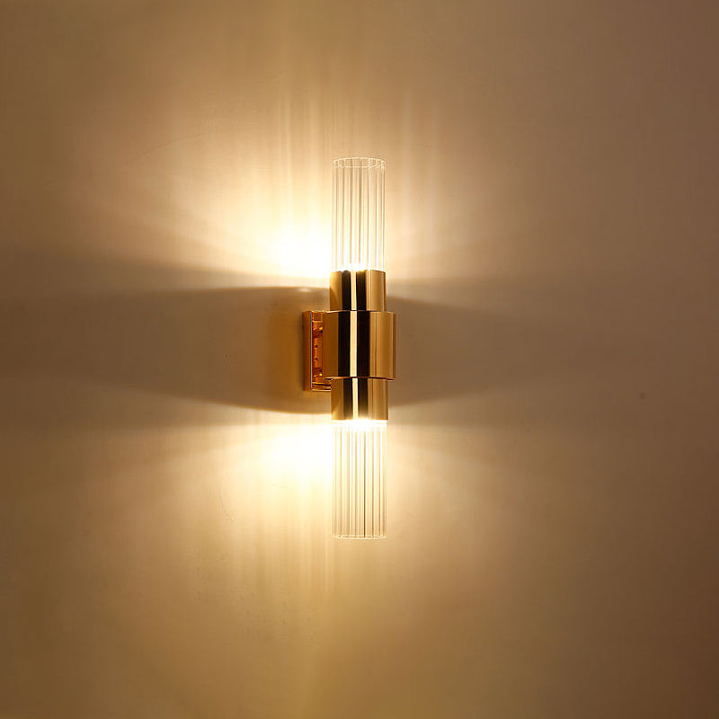 Gold Tubular Wall Light Sconce Post Modern 2 Heads Clear Ribbed Glass Wall Mounted Lamp for Bathroom