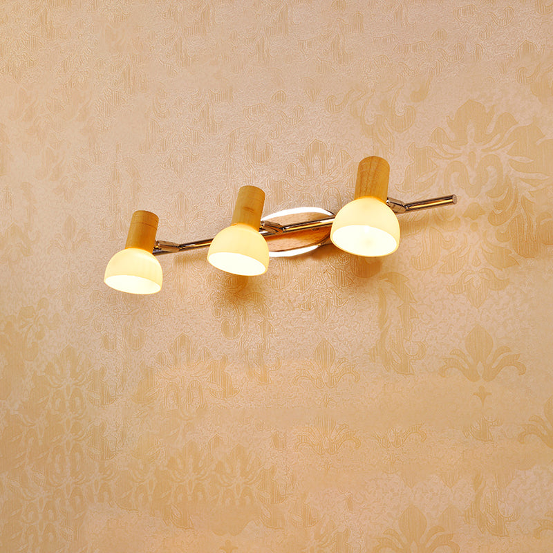 Weiße Glas Kuppel Eitelkeit Leuchten Modernismus 3 Lampen -Chrom -Wandlampenlampe mit Holzoberteil
