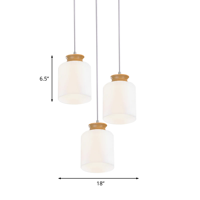 Cylinder Multi Light Chandelier Modern White Glass 3 Heads Wood Suspension Lamp with Round/Linear Canopy