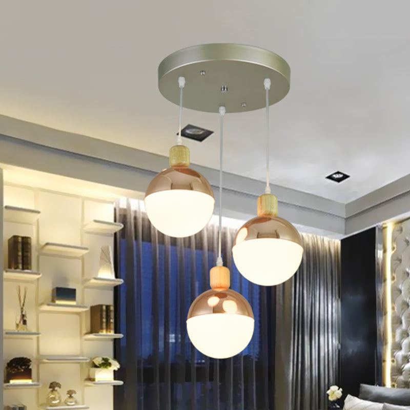 3/4 Heads Dining Room Multi-Pendant Modernist Rose Gold Hanging Ceiling Light with Orb Opal Glass Shade