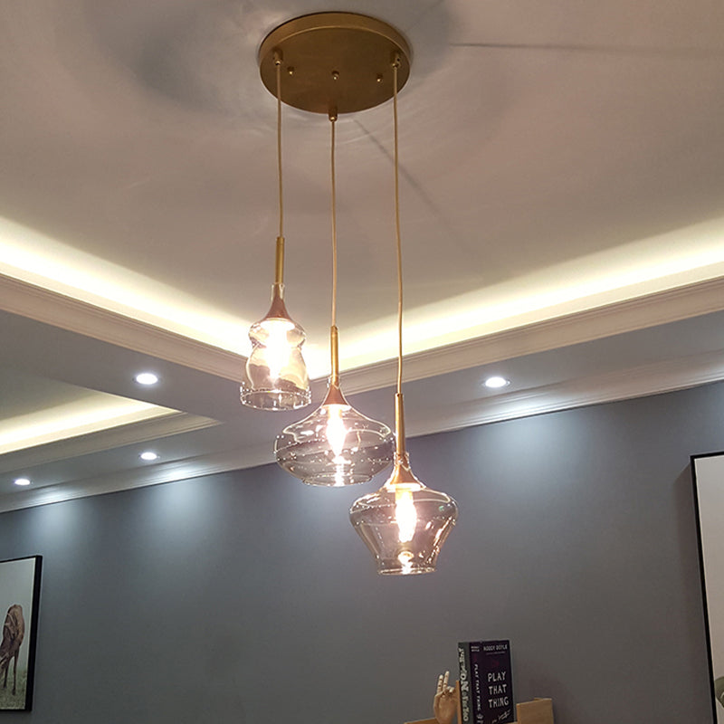 Clear/Cognac Glass Wavy Multi Ceiling Light Modernism 3 Bulbs Gold Hanging Pendant Lamp