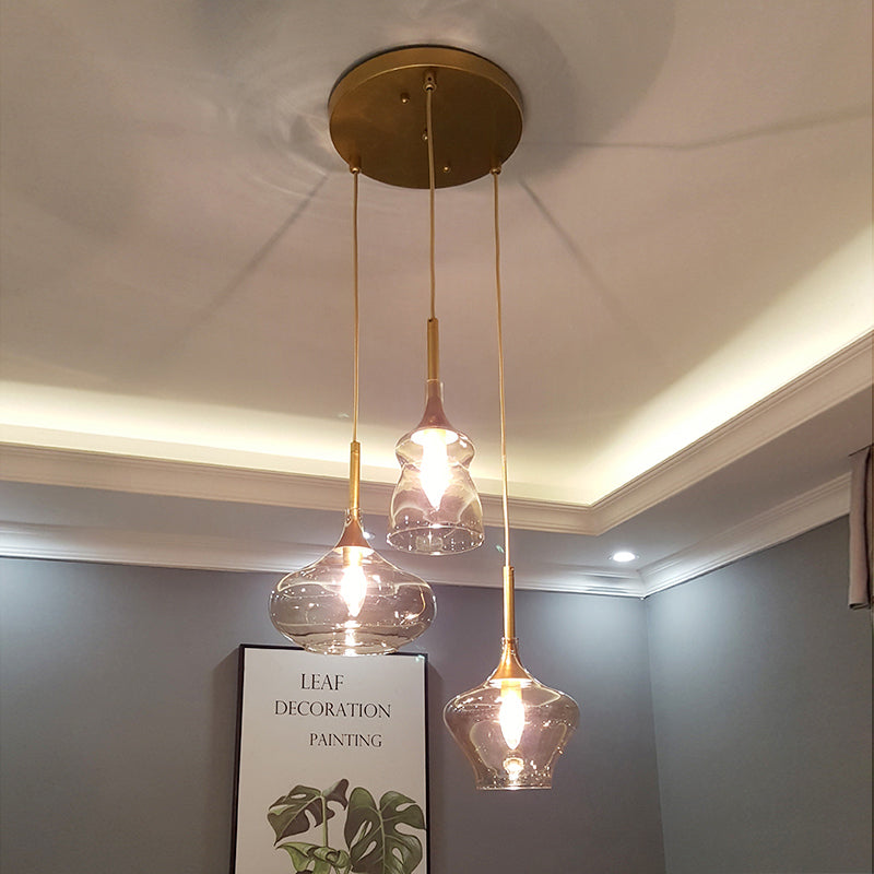 Clear/Cognac Glass Wavy Multi Ceiling Light Modernism 3 Bulbs Gold Hanging Pendant Lamp