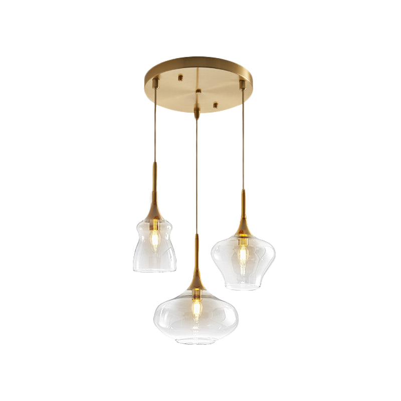 Clear/Cognac Glass Wavy Multi Ceiling Light Modernism 3 Bulbs Gold Hanging Pendant Lamp