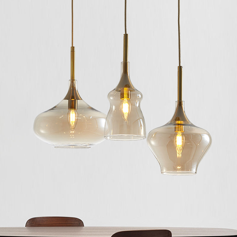 Clear/Cognac Glass Wavy Multi Ceiling Light Modernism 3 Bulbs Gold Hanging Pendant Lamp