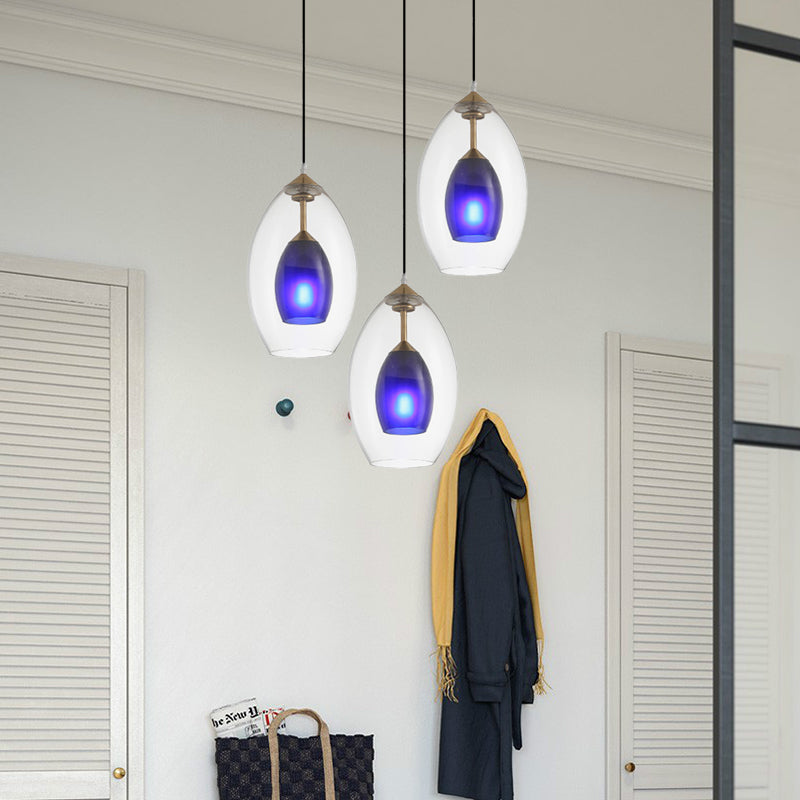 Oval Clear and Blue Multi Pendant Chandelier Simple 3-Light White Hanging Ceiling Lamp