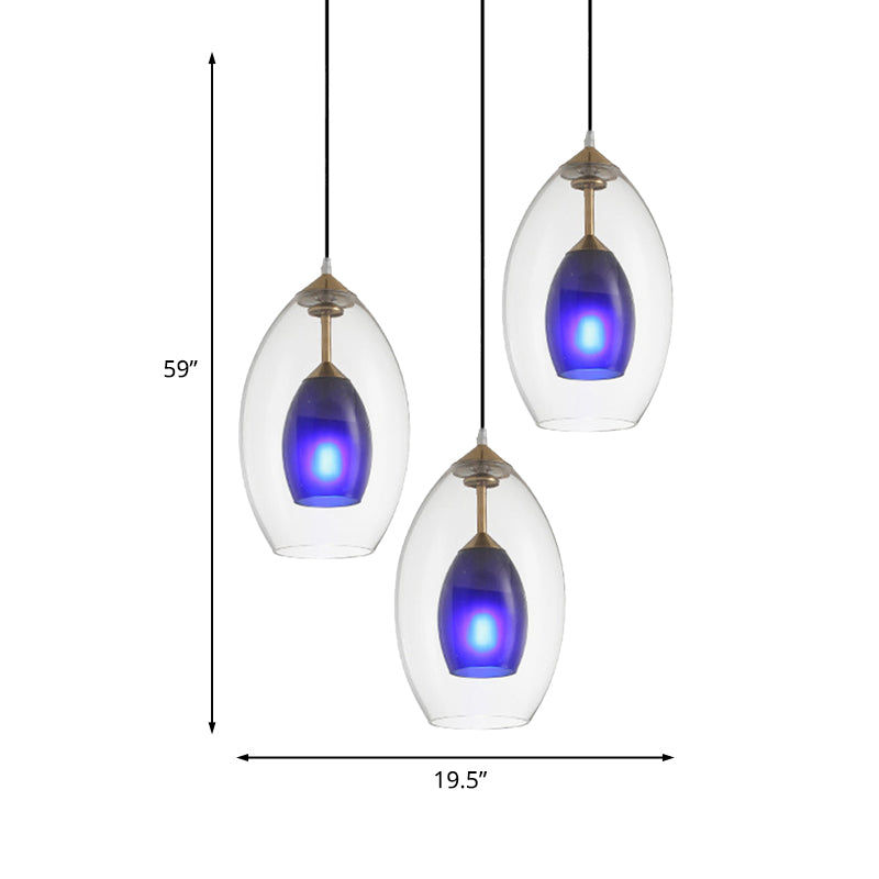 Oval Clear and Blue Multi Pendant Chandelier Simple 3-Light White Hanging Ceiling Lamp