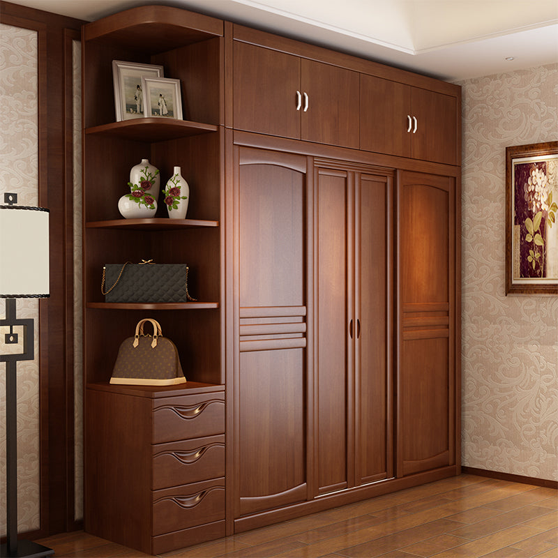 Rubber Wood Frame Wardrobe Freestanding Wardrobe Armoire with Shelves and Clothes Rail