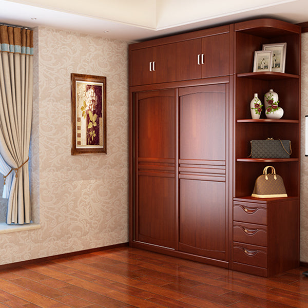 Rubber Wood Frame Wardrobe Freestanding Wardrobe Armoire with Shelves and Clothes Rail