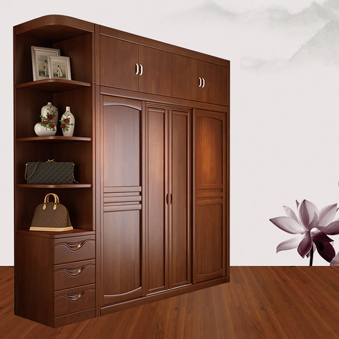 Rubber Wood Frame Wardrobe Freestanding Wardrobe Armoire with Shelves and Clothes Rail