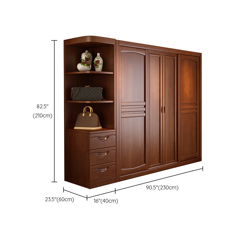Rubber Wood Frame Wardrobe Freestanding Wardrobe Armoire with Shelves and Clothes Rail