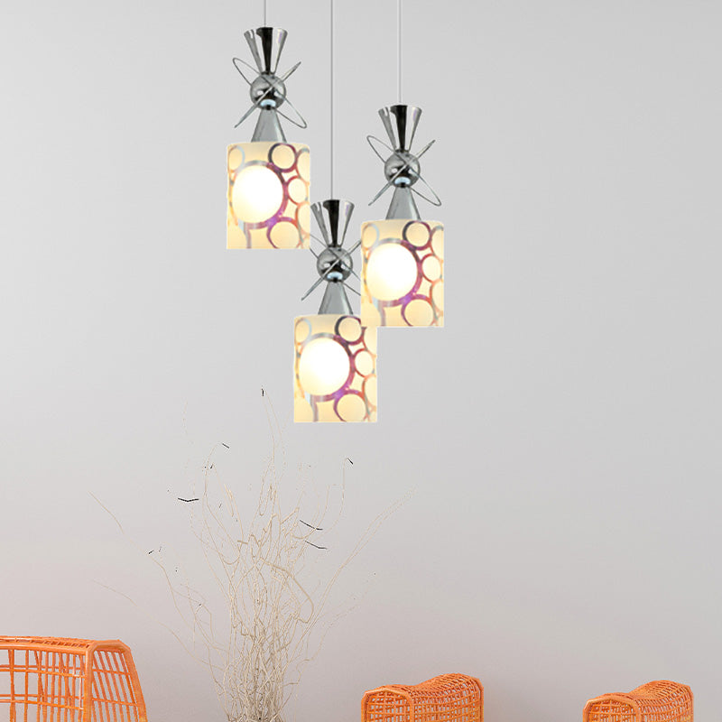 Metal Hourglass Multi Pendant Modernist 3-Bulb Chrome Ceiling Light with Cylinder Patterned Glass Shade, Linear/Round Canopy