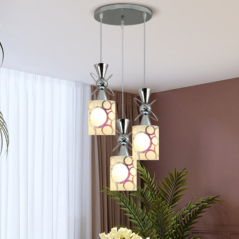 Metal Hourglass Multi Pendant Modernist 3-Bulb Chrome Ceiling Light with Cylinder Patterned Glass Shade, Linear/Round Canopy