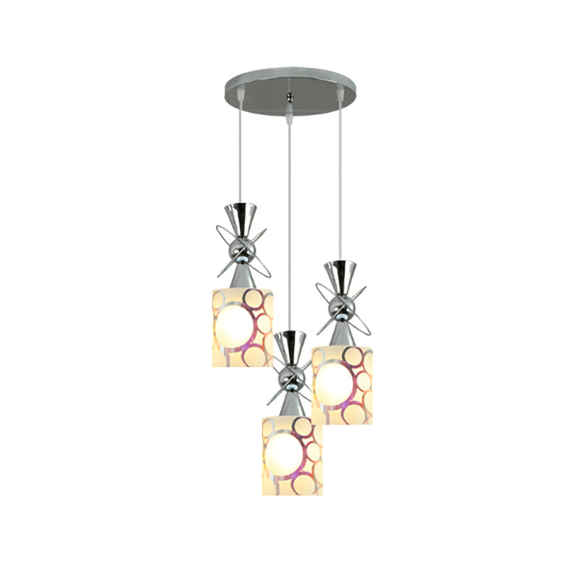 Metal Hourglass Multi Pendant Modernist 3-Bulb Chrome Ceiling Light with Cylinder Patterned Glass Shade, Linear/Round Canopy