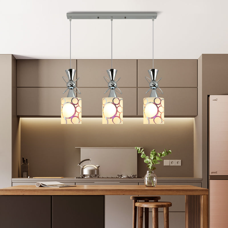 Luce a soffitto cromata modernista a 3 bulb a 3 bulb a 3 bulb metallico con tonalità in vetro a motivi a cilindri, baldacchino lineare/rotondo