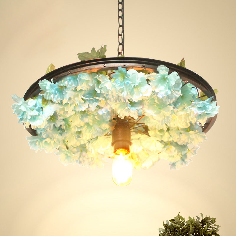 8.5"/15" W Wheel Restaurant Drop Lamp Factory Iron 1 Bulb Pink/Blue Down Lighting Pendant with Artificial Flower Decor