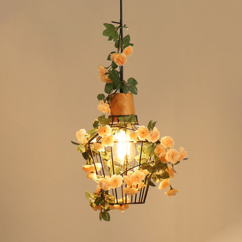 Jar noir / diamant / grange pendentif ferre fer 1 tête de restaurant fleur de fleur pendante luminaire avec haut en bois