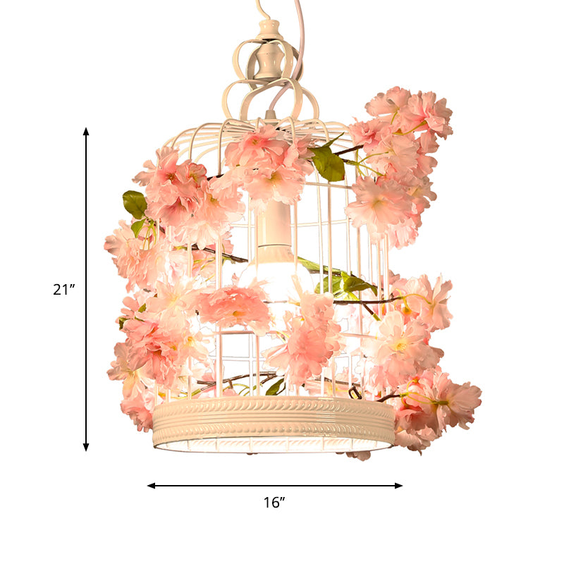 Birdcage Restaurant Suspension Lamp Warehouse Iron 1 Bulb White Flower Pendant Light Fixture