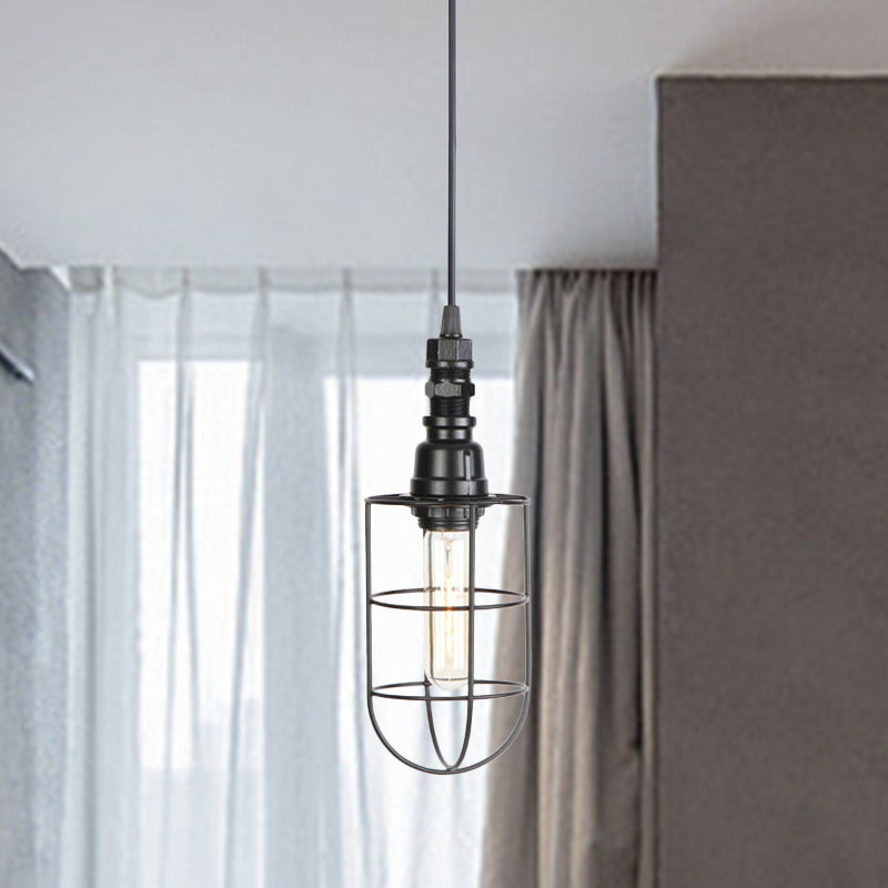 Caged Iron Hanging Ceiling Light Farmhouse 1 Bulb Coffee Shop Suspension Pendant in Black