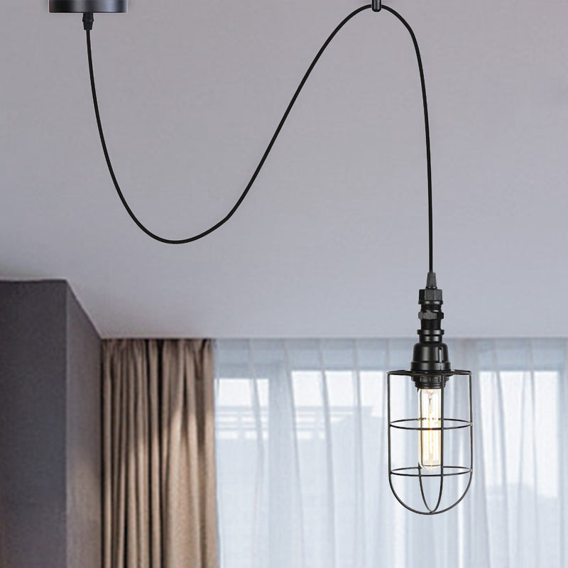 Caged Iron Hanging Ceiling Light Farmhouse 1 Bulb Coffee Shop Suspension Pendant in Black