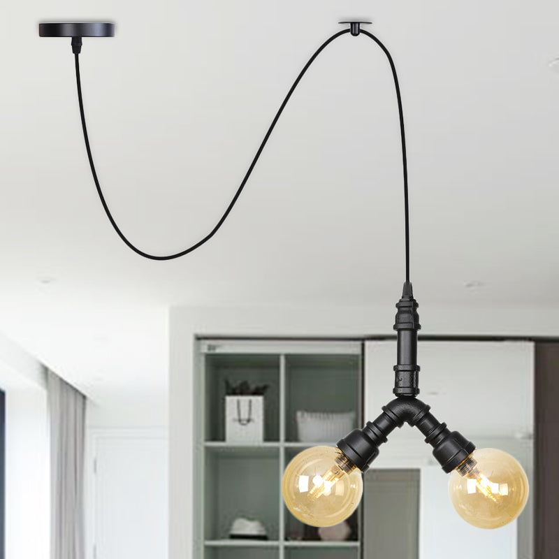 Amber Glass Black Pendant Chandelier Spherical/Capsule 2 Heads Antiqued Suspension Lamp with Swag Design