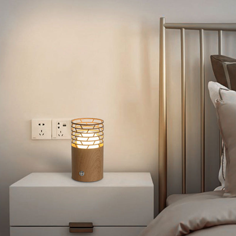 1 Bulb Living Room Table Light Modern Brown Nightstand Lamp with Cylinder Wood Shade