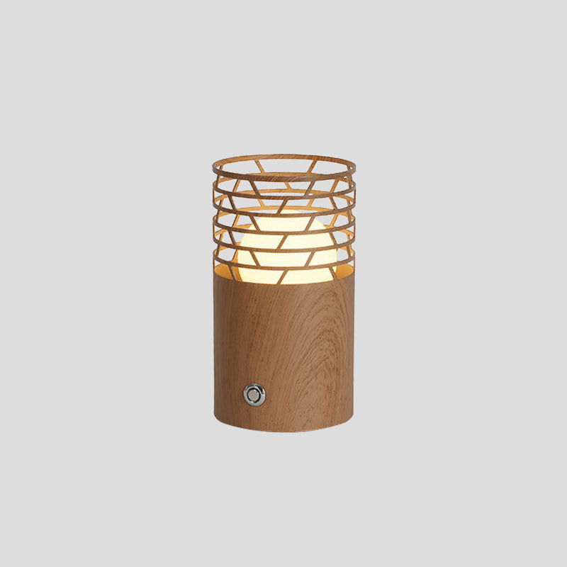 1 Bulb Living Room Table Light Modern Brown Nightstand Lamp with Cylinder Wood Shade