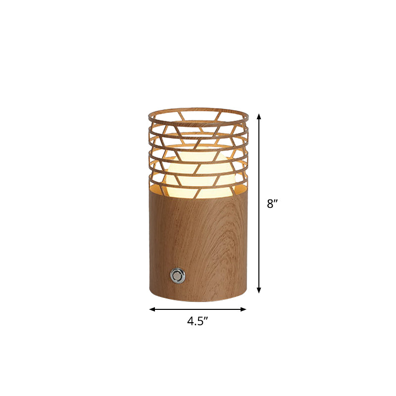 1 Bulb Living Room Table Light Modern Brown Nightstand Lamp with Cylinder Wood Shade