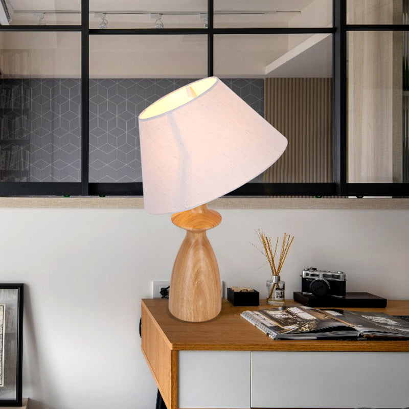 Barrel Table Light Modern Fabric 1 Light Study Room Reading Book Lamp in White with Urn Wood Base