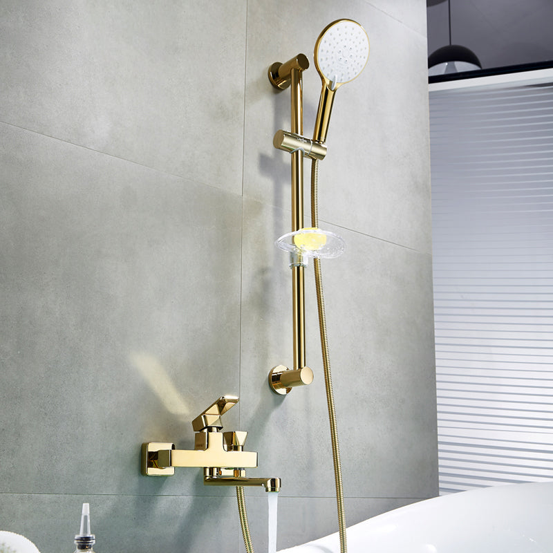 Wall Mounted Gold Bathtub Faucet Swivel Spout Lever Handle with Hand Shower