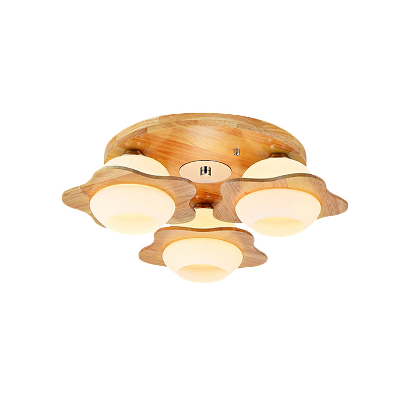 Trapped Floral Wood Flush Mount Modernist 3/5 Lights Beige Flush Lamp Fixture with Ball Frosted Glass Shade