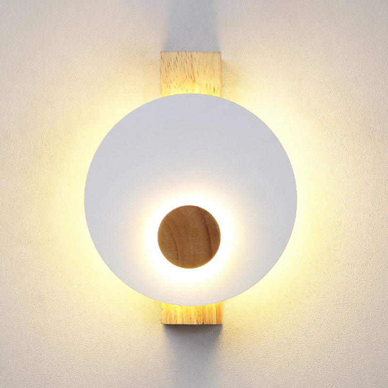 Black/Grey/White Disk Wall Light Fixture Minimalist LED Metal Sconce with Wood Backplate for Bedroom