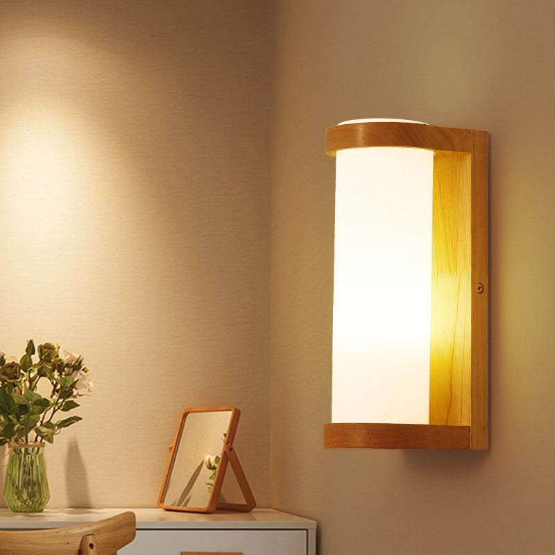 Simple Rectangle Sconce Lighting Wood 1 Head Corner Wall Mount Lamp with Tube Opal Glass Shade