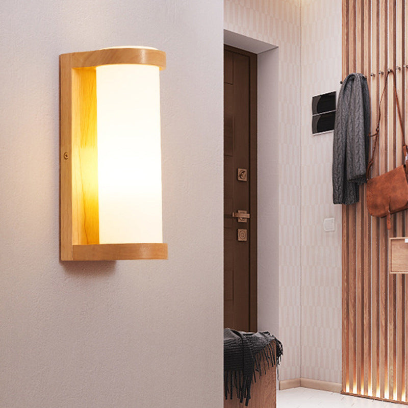 Simple Rectangle Sconce Lighting Wood 1 Head Corner Wall Mount Lamp with Tube Opal Glass Shade
