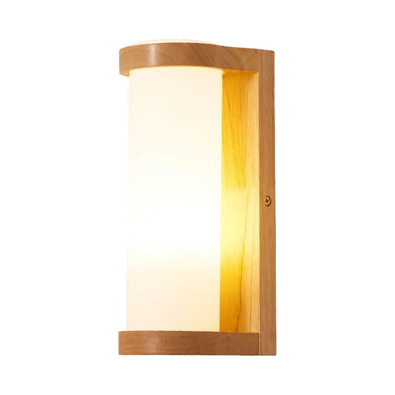 Simple Rectangle Sconce Lighting Wood 1 Head Corner Wall Mount Lamp with Tube Opal Glass Shade