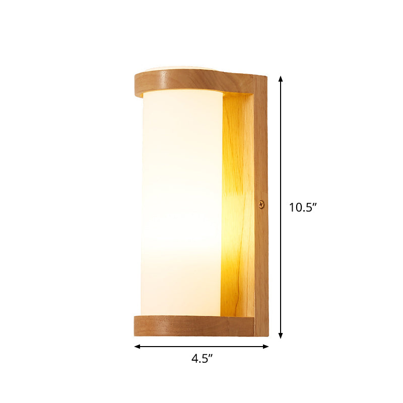 Simple Rectangle Sconce Lighting Wood 1 Head Corner Wall Mount Lamp with Tube Opal Glass Shade