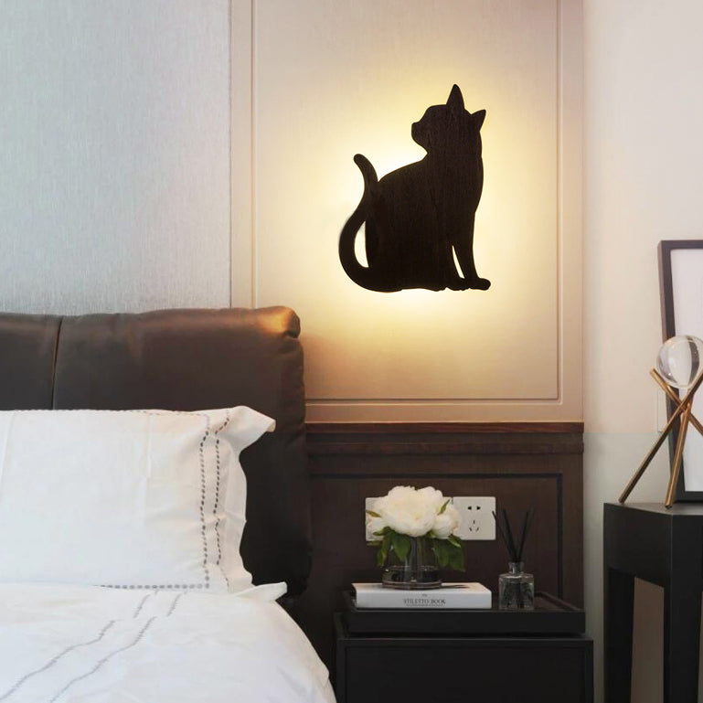 Kitten Kid Bedroom Hallway Sconce Light Wood Animal LED Wall Sconce in Black Finish