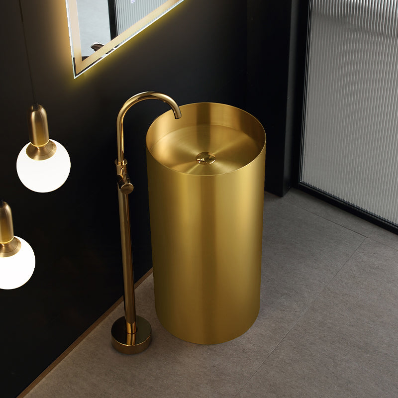Contemporary Bathroom Sink with Faucet Round Metal Pedestal Bathroom Sink