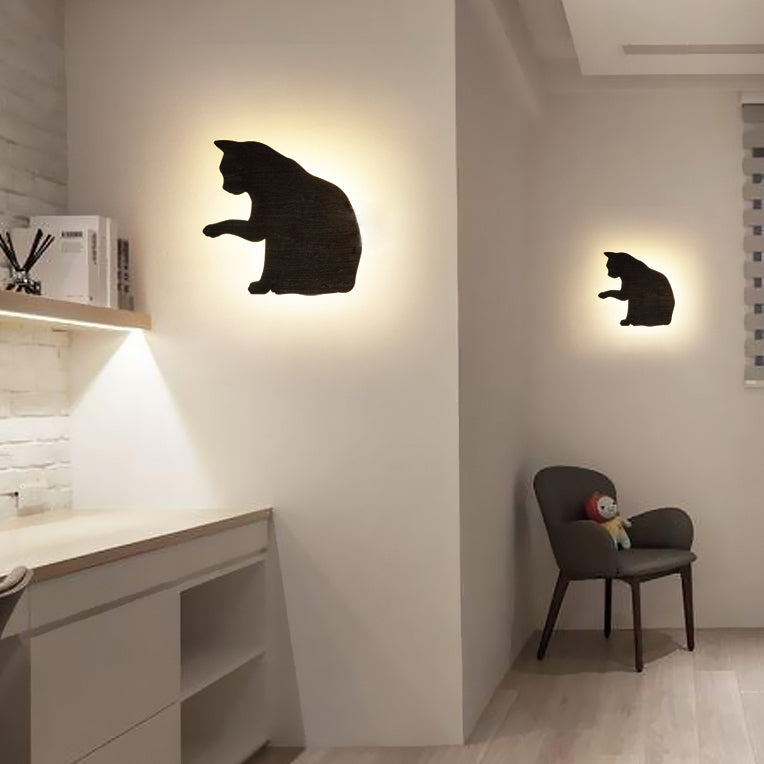 Kitten Kid Bedroom Hallway Sconce Light Wood Animal LED Wall Sconce in Black Finish