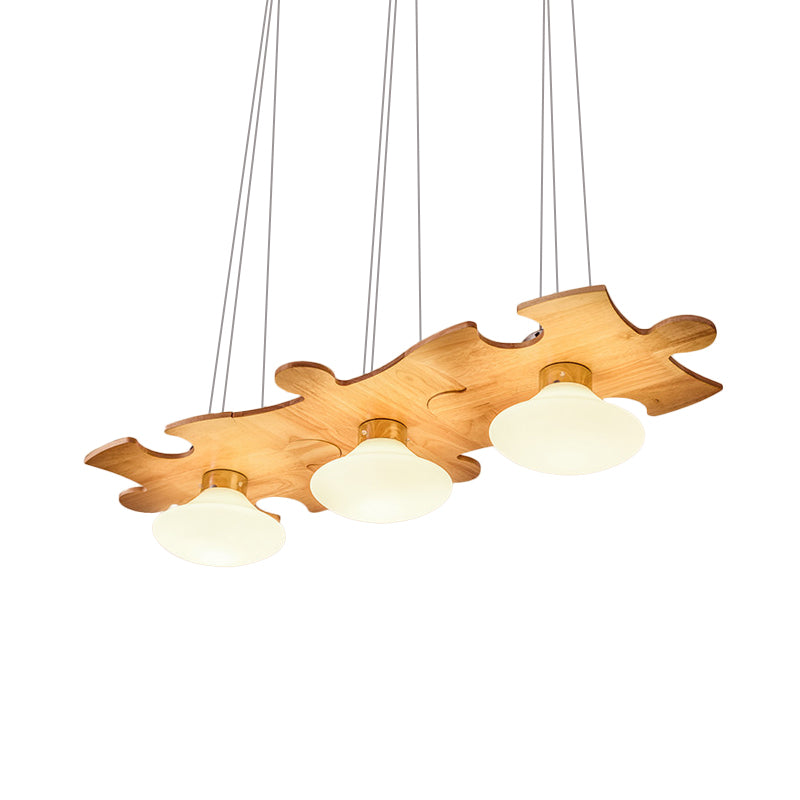 Cream Glass Jellyfish Multi Light Pendant Modernist 3-Light Suspension Lamp with Jigsaw Puzzle Wood Beam