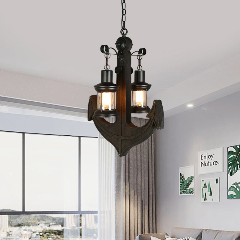 Clear Glass Black Chandelier Lighting Kerosene 2-Light Industrial Hanging Ceiling Light with Wood Anchor Design