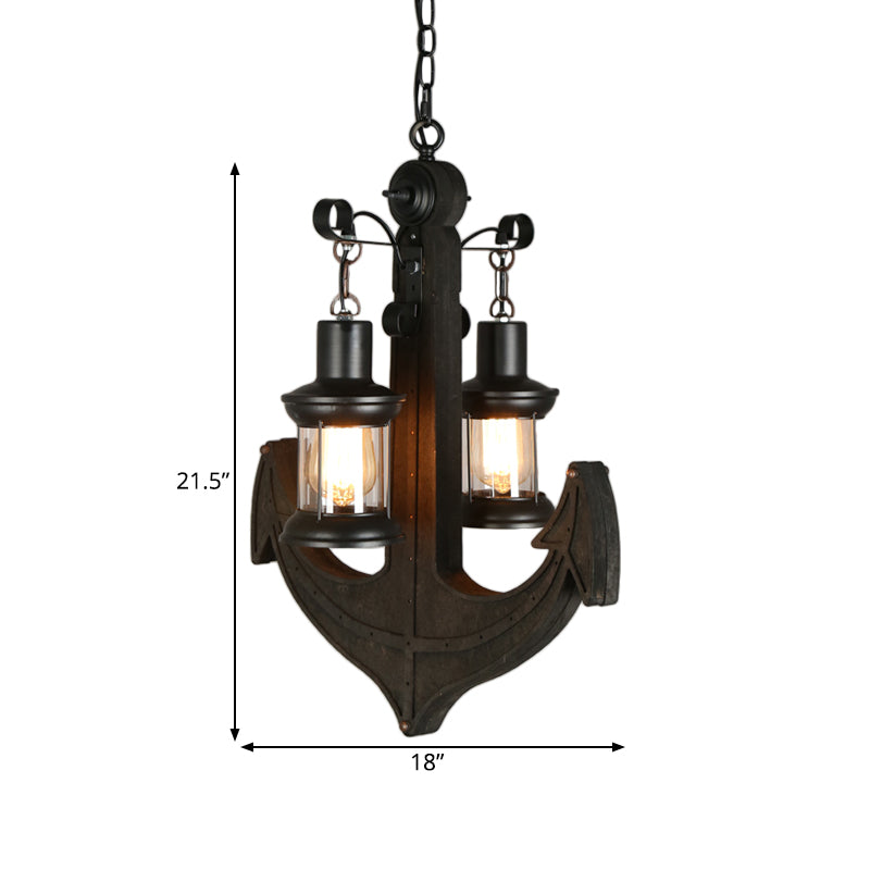 Clear Glass Black Chandelier Lighting Kerosene 2-Light Industrial Hanging Ceiling Light with Wood Anchor Design