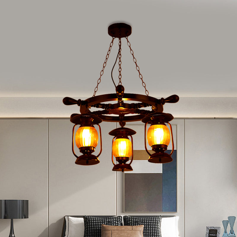 3 Bulbs Kerosene Chandelier Light Antiqued Style Copper Finish Yellow Glass Pendant Lamp with Wood Rudder Design